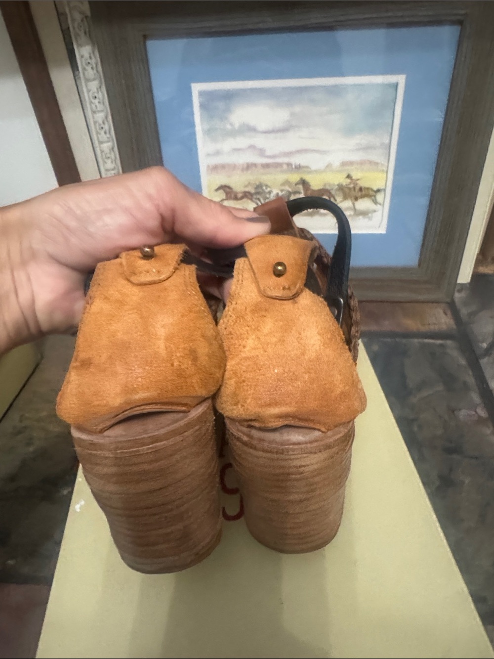 A.S.98 Men's Cognac Leather Wedge Sandals with Black Ankle Strap - Picture 6 of 6